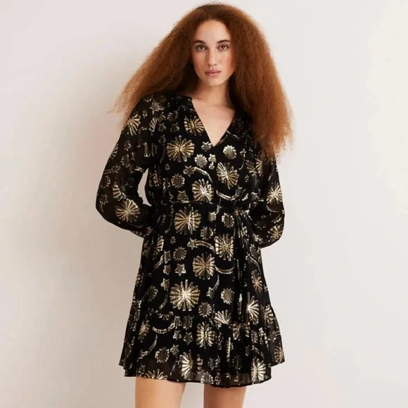 NEW Boden Firework Jacquard Party Black Gold Metallic Sheer Tiered Dress Size 14 - Picture 2 of 13